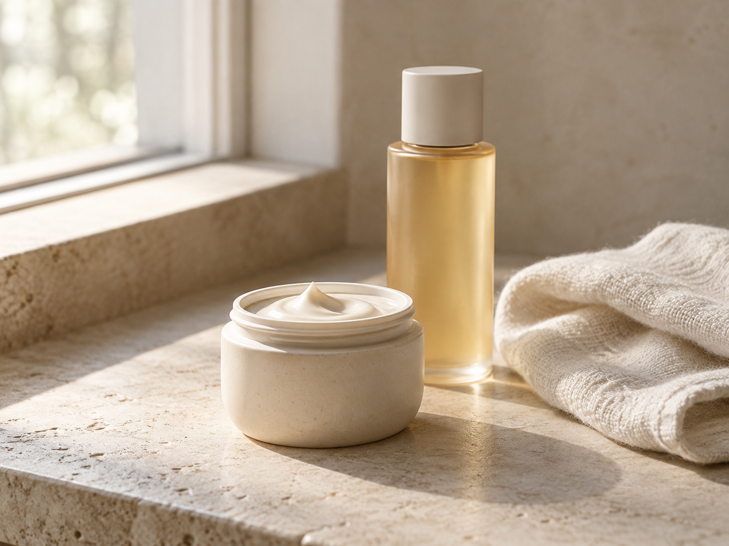 Cream and golden skincare essence beside a soft towel in morning light