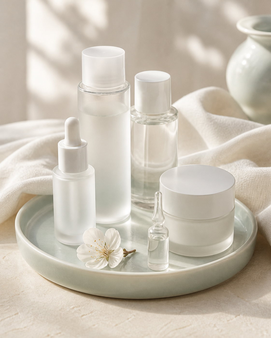 A curated skincare set on a pale ceramic tray